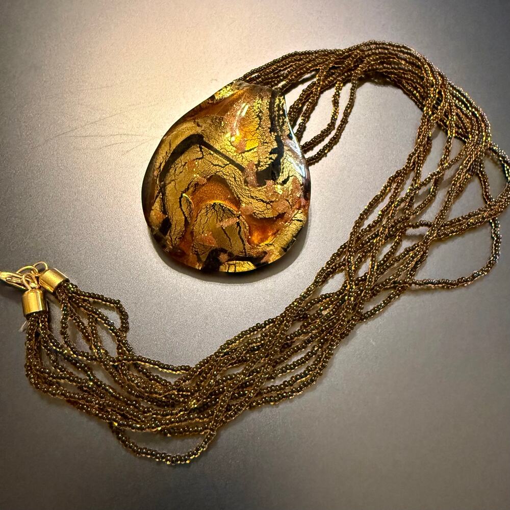 🎉HP!🎉Authentic Murano Stamped Gold Black Amber Glass Pendant - Picture 3 of 8